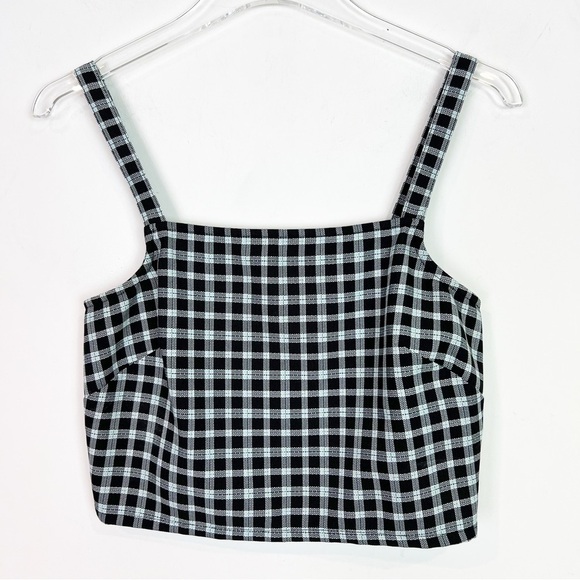 BP BLACK LIGHT BLUE PLAID SLEEVELESS CROP SHIRT SMOCKED BACK SZ SMALL - Picture 1 of 3